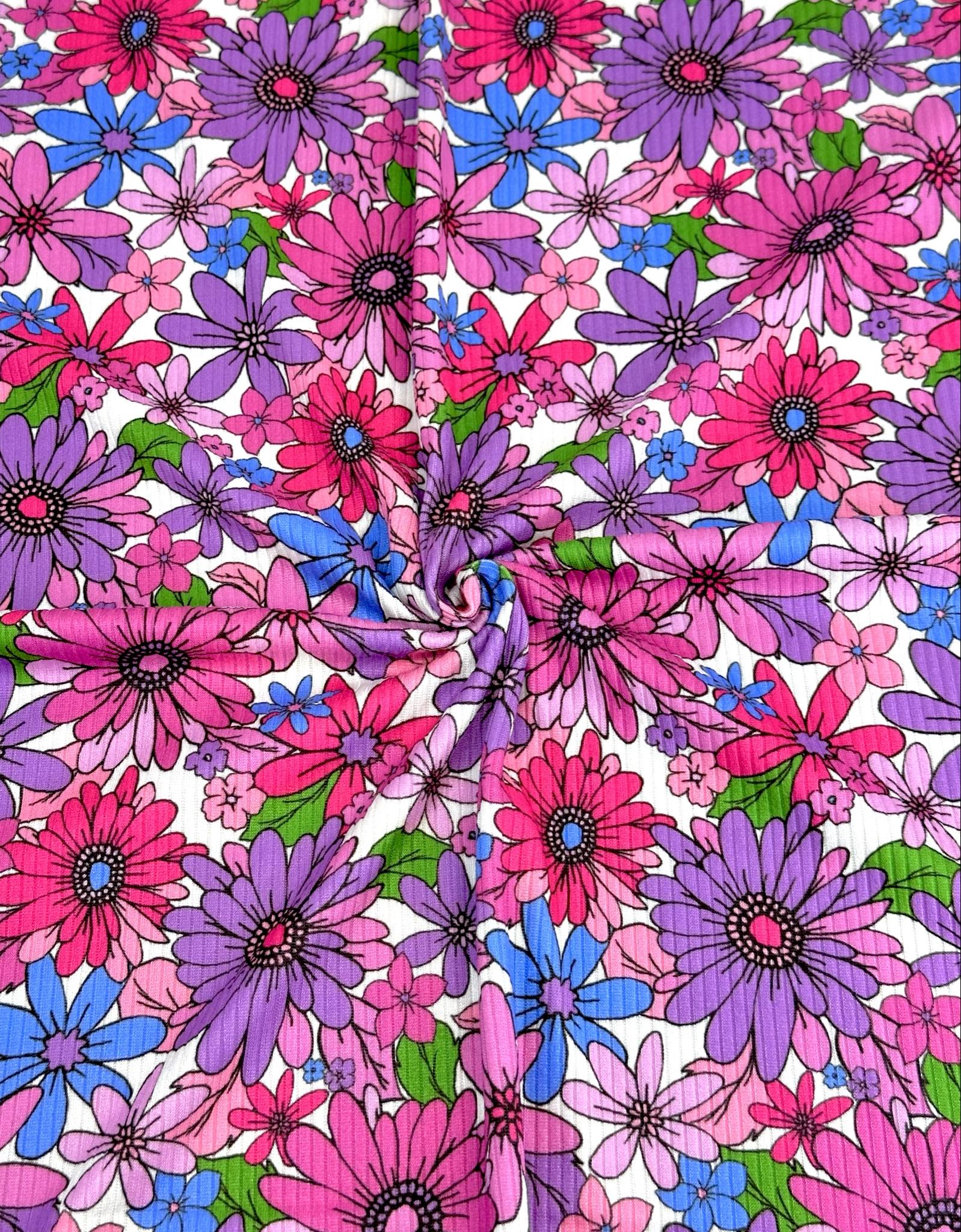 (YUMMY RIB) MAGENTA, PURPLE, FUCHSIA AND BLUE FLOWERS ON WHITE(2)