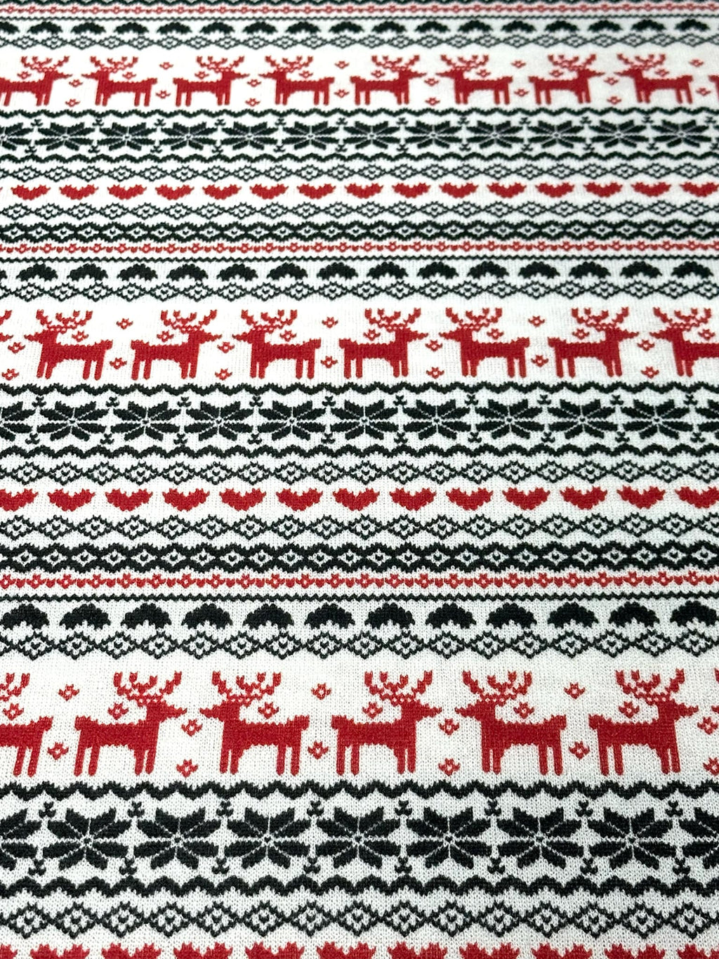 (SWEATER KNIT) RED REINDEER'S AND RED/ BLACK HEARTS ON OFF WHITE
