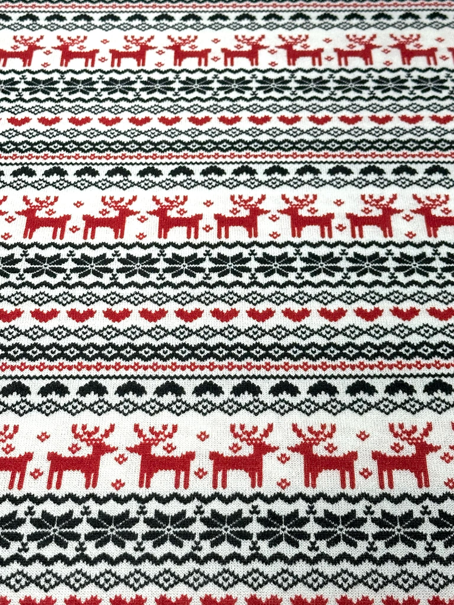 (SWEATER KNIT) RED REINDEER'S AND RED/ BLACK HEARTS ON OFF WHITE