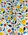 (YUMMY RIB) YELLOW HAPPY FACES AND SKATEBOARDS ON CHECKERED WAVE