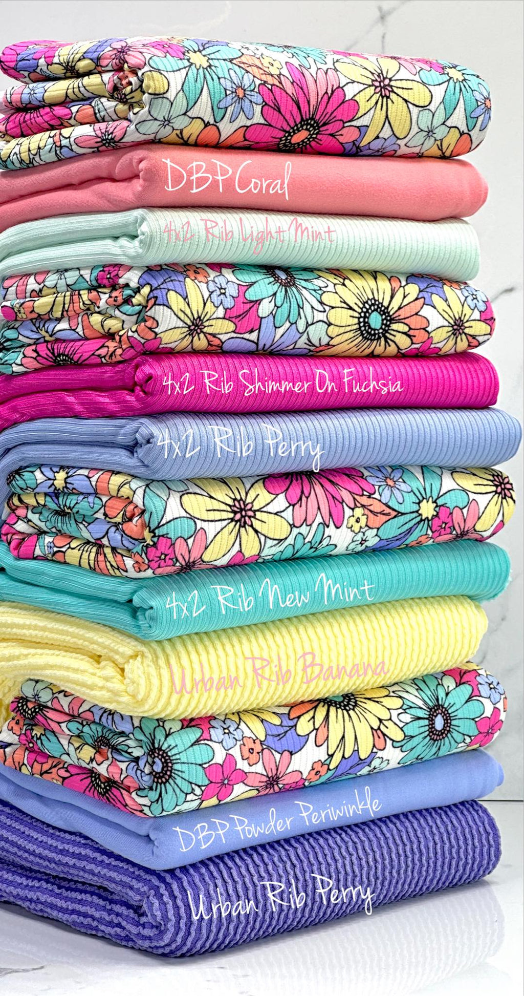 (YUMMY RIB) NEW MINT, LIGHT YELLOW AND FUCHSIA FLOWERS ON WHITE (3)