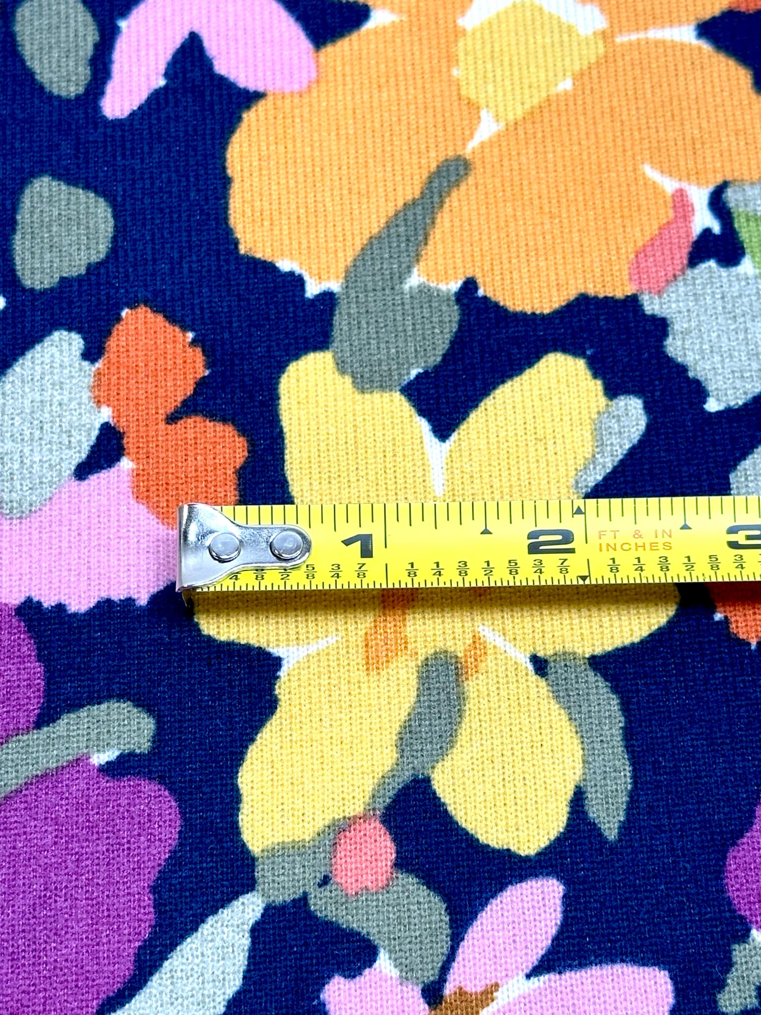 (SWEATER KNIT) PURPLE, ORANGE, YELLOW AND PINK FLOWERS ON NAVY