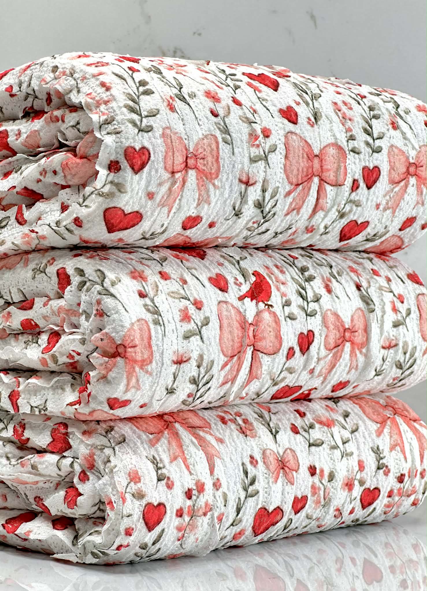 (RUFFLE LACE) HEARTS, BOWS, FLOWERS, AND RED BIRDS ON OFF WHITE