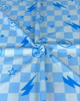 (YUMMY RIB) BLUE STARS, HAPPY FACES, AND LIGHTNING ON LIGHT BLUE CHECKERED