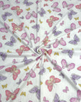 (YUMMY RIB) PINK, PURPLE, AND YELLOW BUTTERFLIES ON OFF WHITE