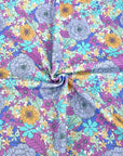 (THERMAL) PURPLE, AQUA BLUE AND MUSTARD YELLOW FLOWERS ON OFF WHITE