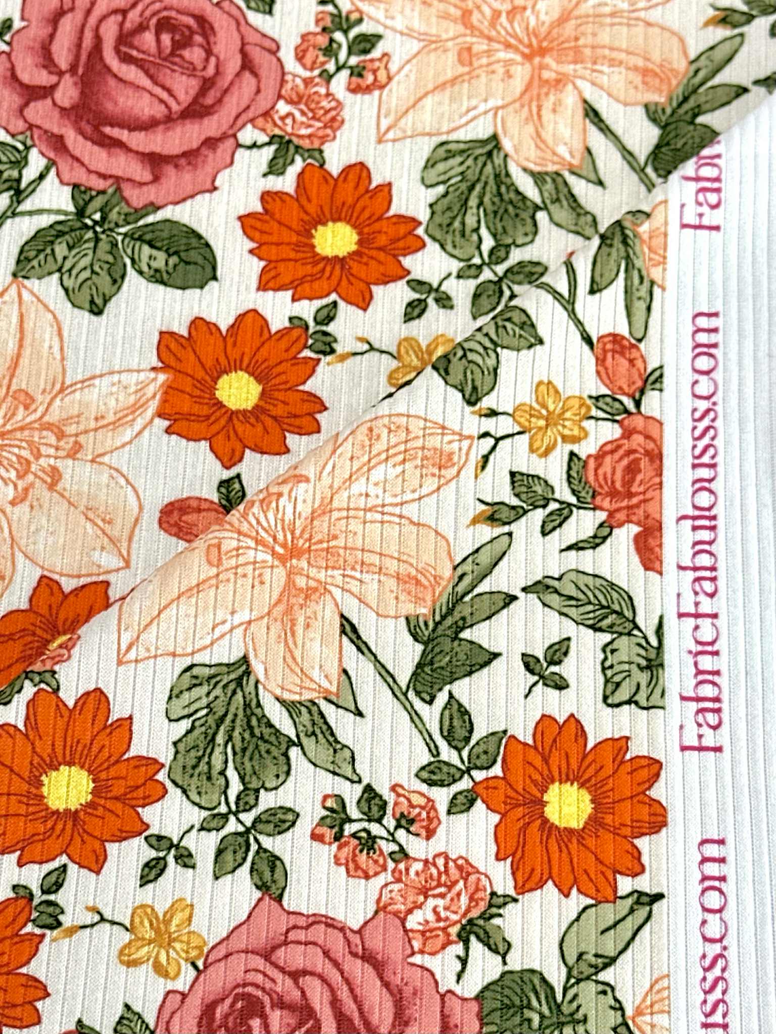 (4X2 RIB) RUST, PEACH, AND COPPER HATTIE FLOWERS ON OFF WHITE