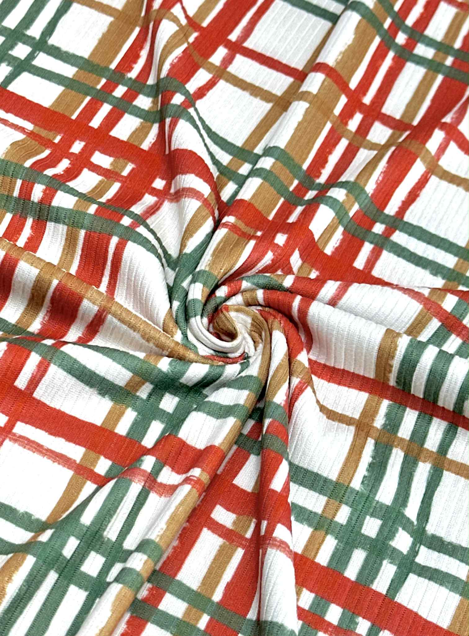 (4X2 RIB) CAMEL, RED, AND GREEN PLAID ON IVORY