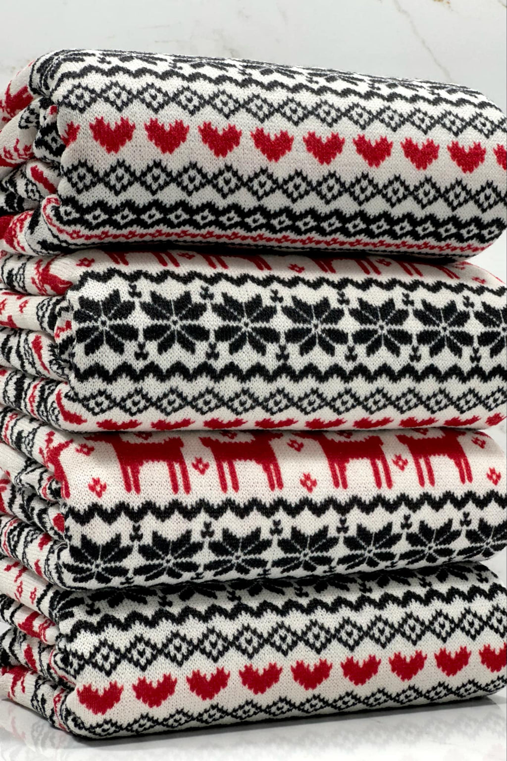 (SWEATER KNIT) RED REINDEER'S AND RED/ BLACK HEARTS ON OFF WHITE