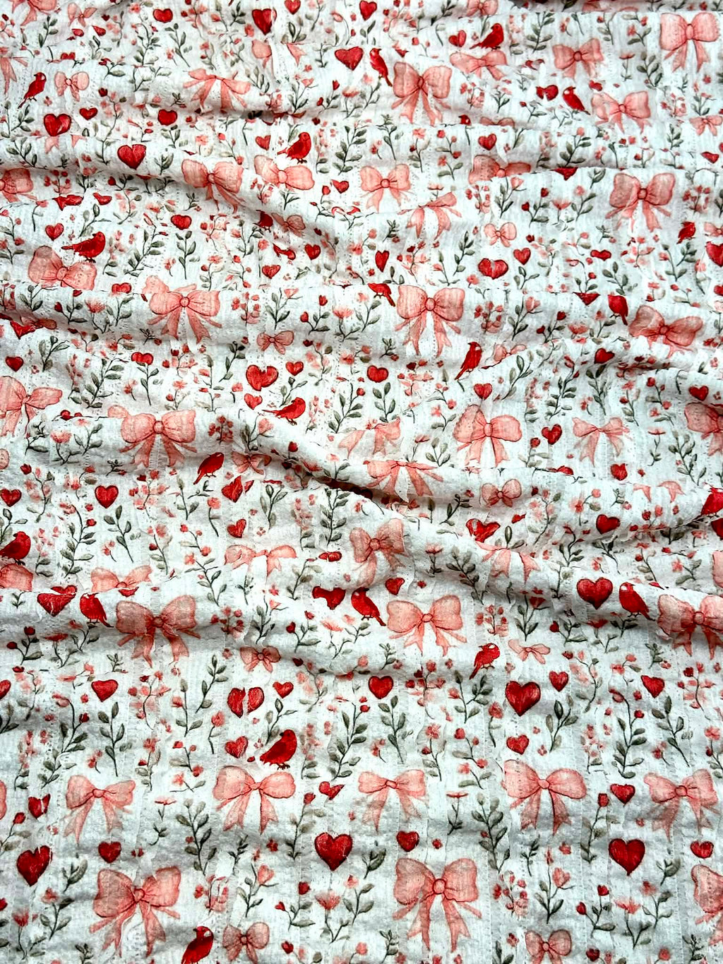 (RUFFLE LACE) HEARTS, BOWS, FLOWERS, AND RED BIRDS ON OFF WHITE