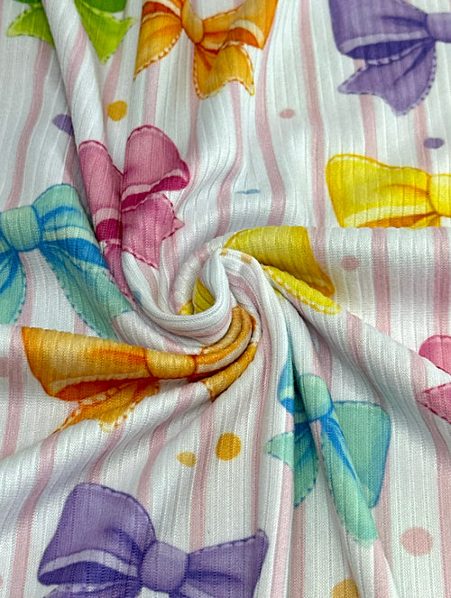 (4X2 YUMMY RIB) COLORFUL BOWS AND PINK STRIPES ON OFF WHITE