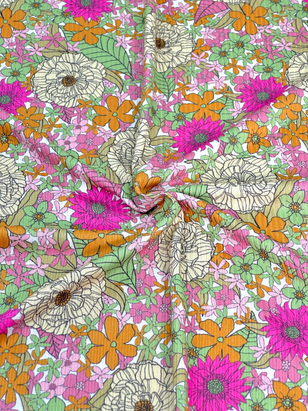 (YUMMY RIB) PINK, YELLOW, GREEN, AND ORANGE FLOWERS ON OFF WHITE