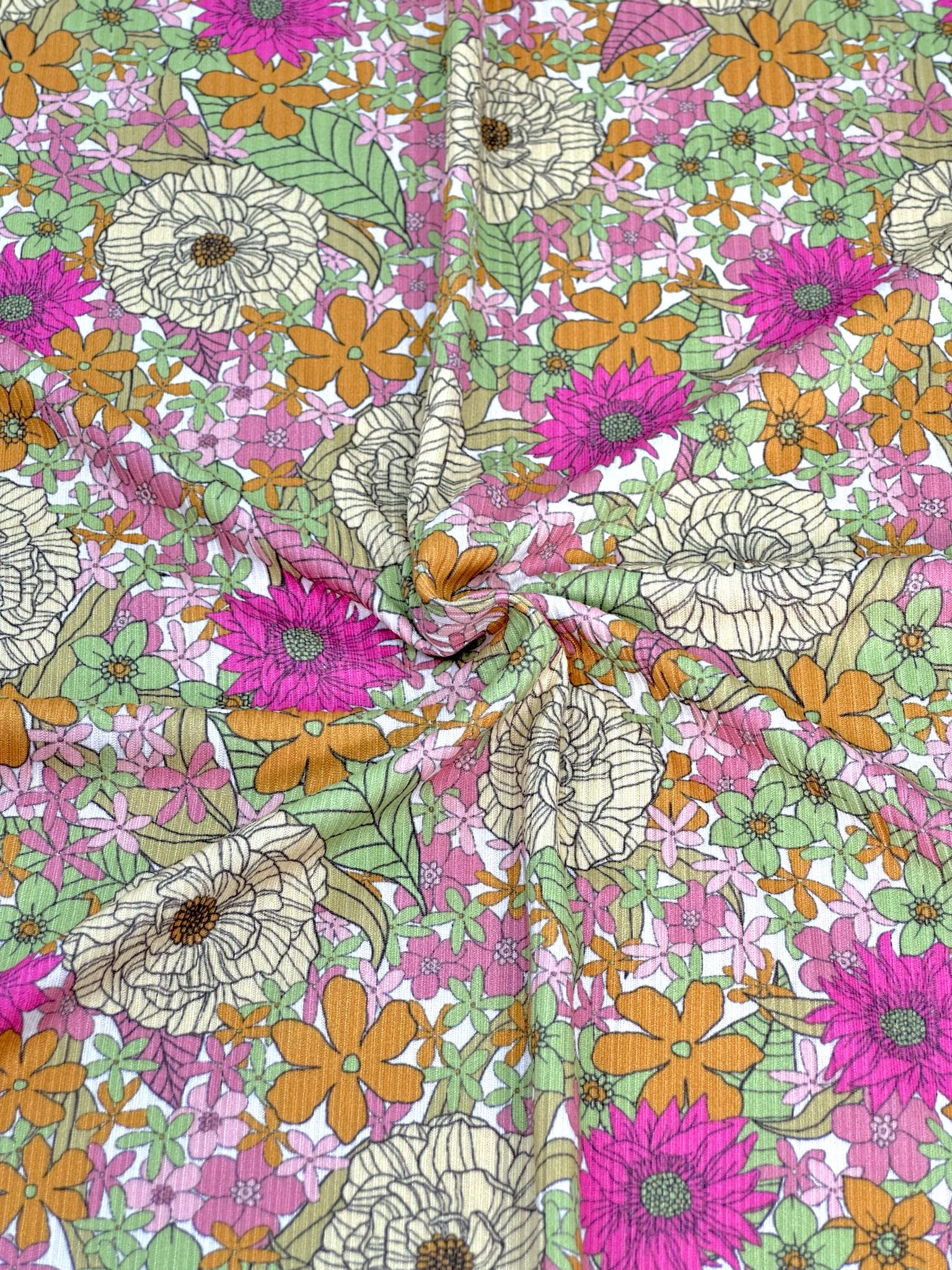(YUMMY RIB) PINK, YELLOW, GREEN, AND ORANGE FLOWERS ON OFF WHITE