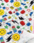 (FRENCH TERRY) YELLOW HAPPY FACES AND SKATEBOARDS ON SILVER CHECKERED WAVE