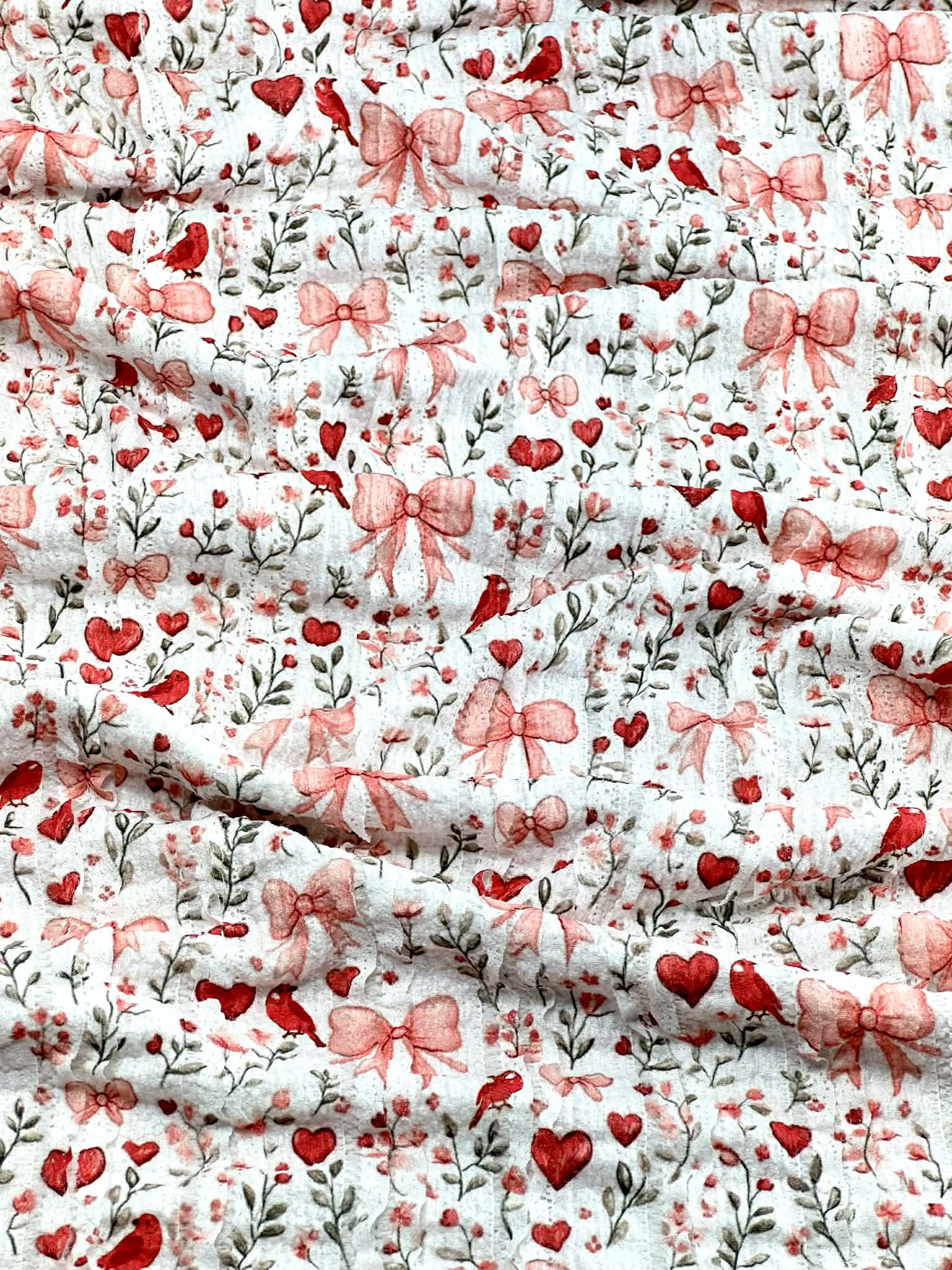 (RUFFLE LACE) HEARTS, BOWS, FLOWERS, AND RED BIRDS ON OFF WHITE
