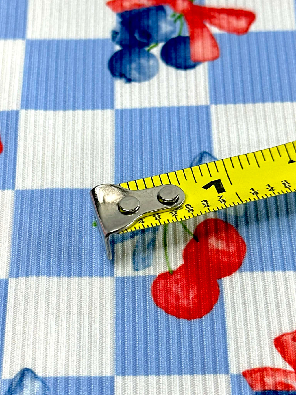 (2X2 YUMMY RIB) CHERRIES AND BLUEBERRIES WITH BOWS ON BLUE AND OFF WHITE CHECKERED