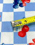 (2X2 YUMMY RIB) CHERRIES AND BLUEBERRIES WITH BOWS ON BLUE AND OFF WHITE CHECKERED