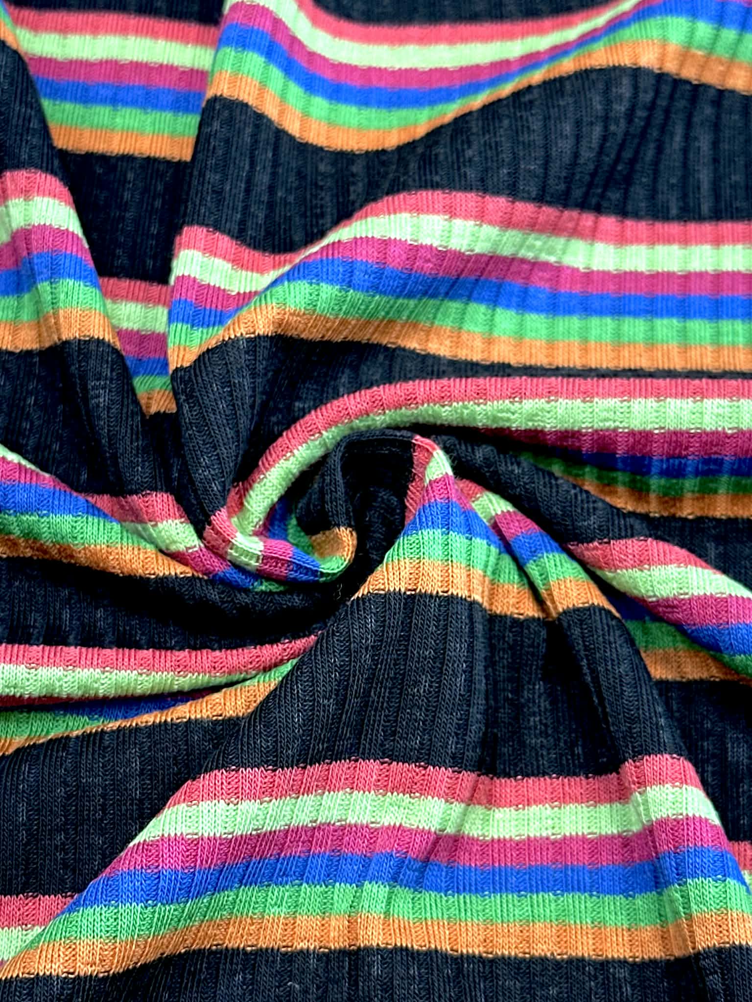 (RIB) RED, LIME, BLUE, GREEN, AND ORANGE STRIPES ON BLACK
