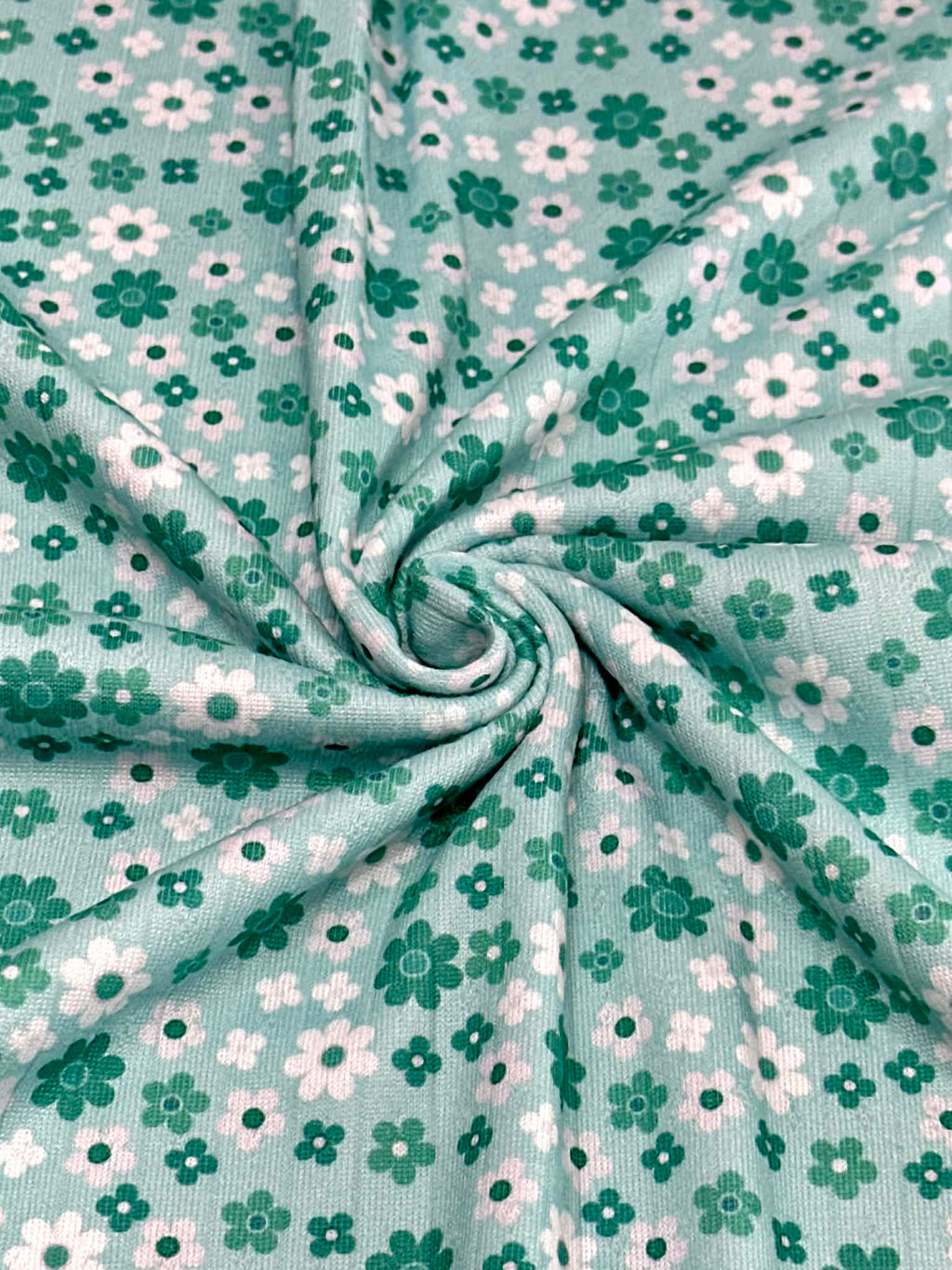 (POINTELLE RIB) TURQUOISE AND OFF WHITE TINY FLOWERS ON AQUA(2)