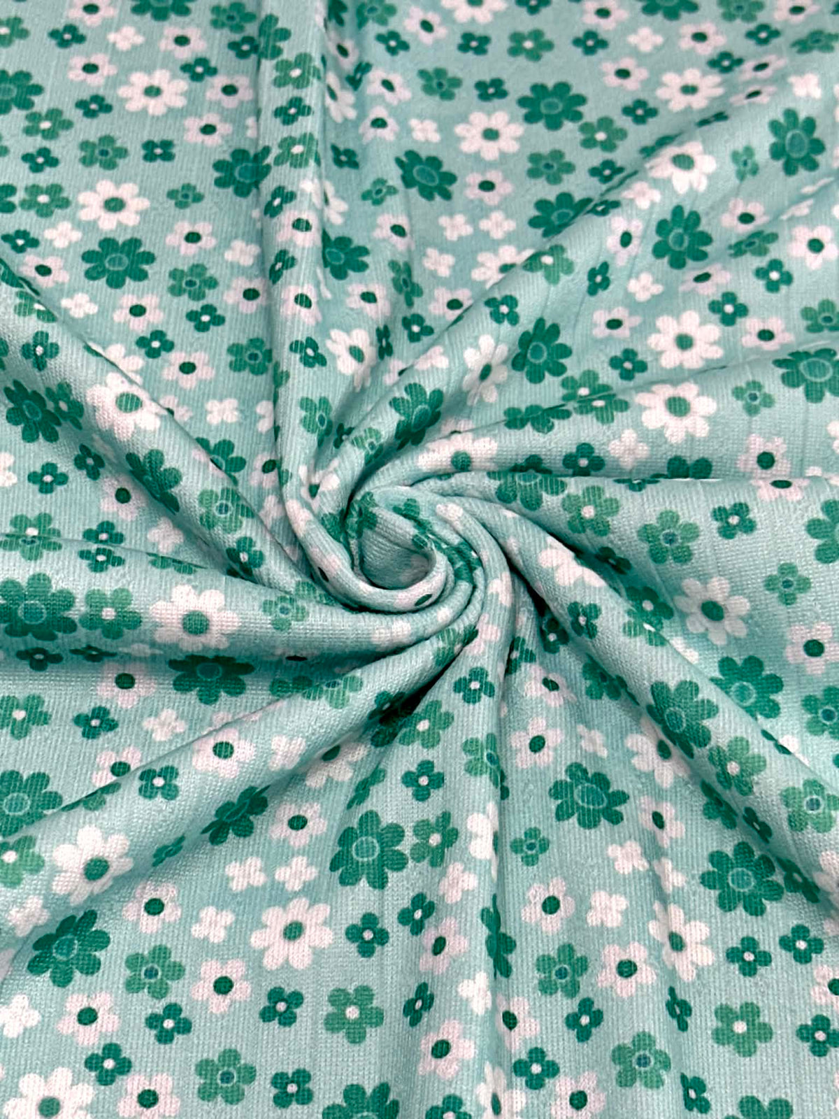 (POINTELLE RIB) TURQUOISE AND OFF WHITE TINY FLOWERS ON AQUA(2)