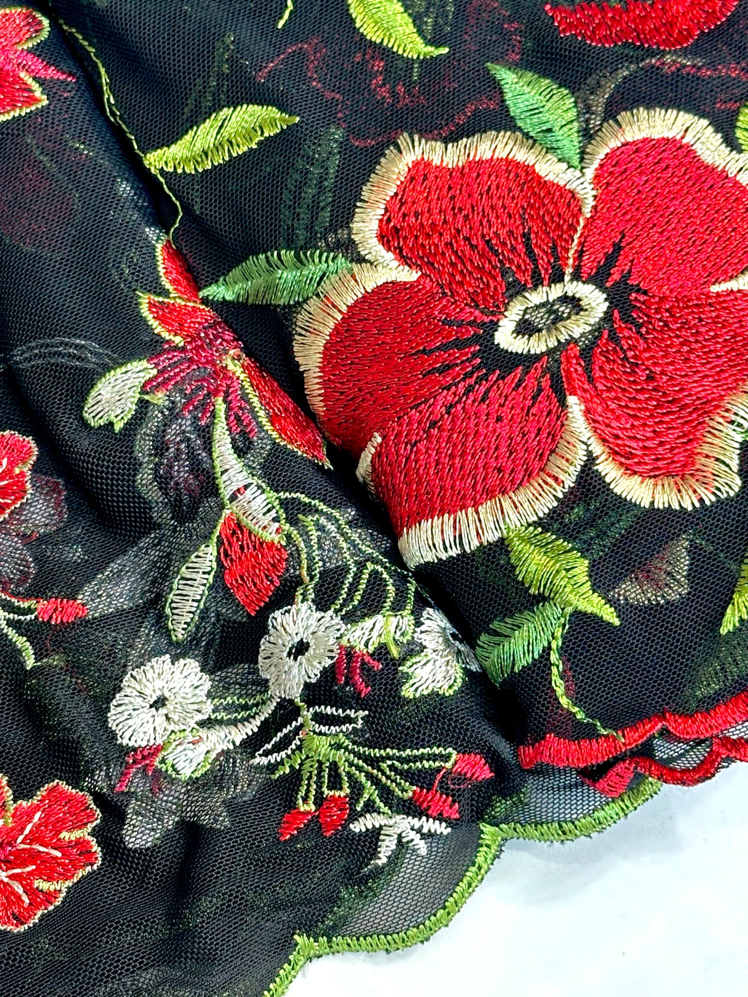 (MESH) RED, GREEN AND IVORY FLORAL ON BLACK