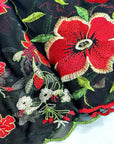 (MESH) RED, GREEN AND IVORY FLORAL ON BLACK