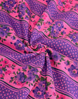 (COTTON JERSEY) HOT PINK AND PURPLE FLORAL/ POLKA DOT STRIPE