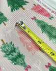 (4X2 RIB) PINK AND GREEN CHRISTMAS TREES WITH OFF WHITE BOWS ON LIGHT PINK