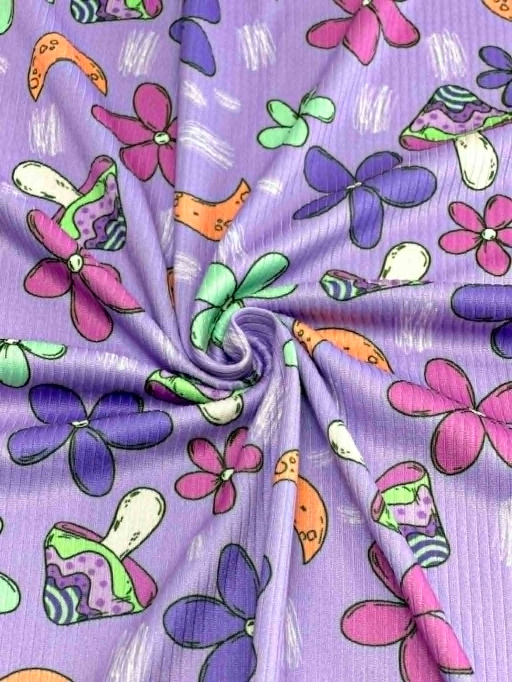 (4X2 YUMMY RIB) MUSHROOMS AND FLOWERS ON  PURPLE