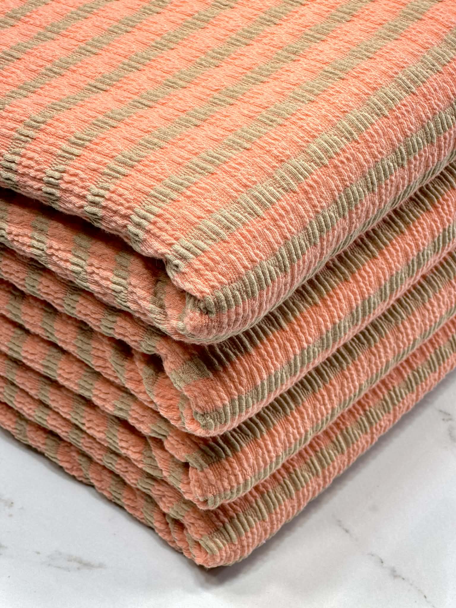 (PUCKERED STRIPE) TAN STRIPES ON SALMON