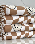 (YUMMY RIB) CREAM HAPPY FACES ON LIGHT BROWN CHECKERED WAVE