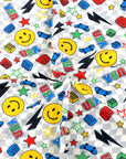 (FRENCH TERRY) YELLOW HAPPY FACES AND SKATEBOARDS ON SILVER CHECKERED WAVE