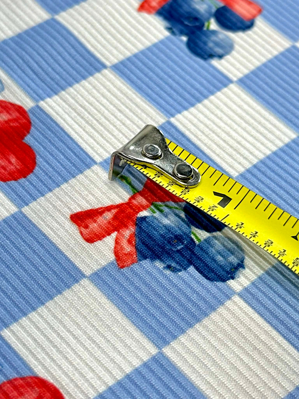 (2X2 YUMMY RIB) CHERRIES AND BLUEBERRIES WITH BOWS ON BLUE AND OFF WHITE CHECKERED