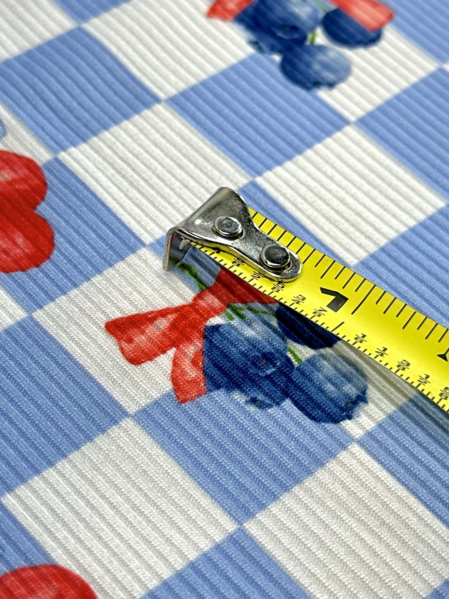 (2X2 YUMMY RIB) CHERRIES AND BLUEBERRIES WITH BOWS ON BLUE AND OFF WHITE CHECKERED