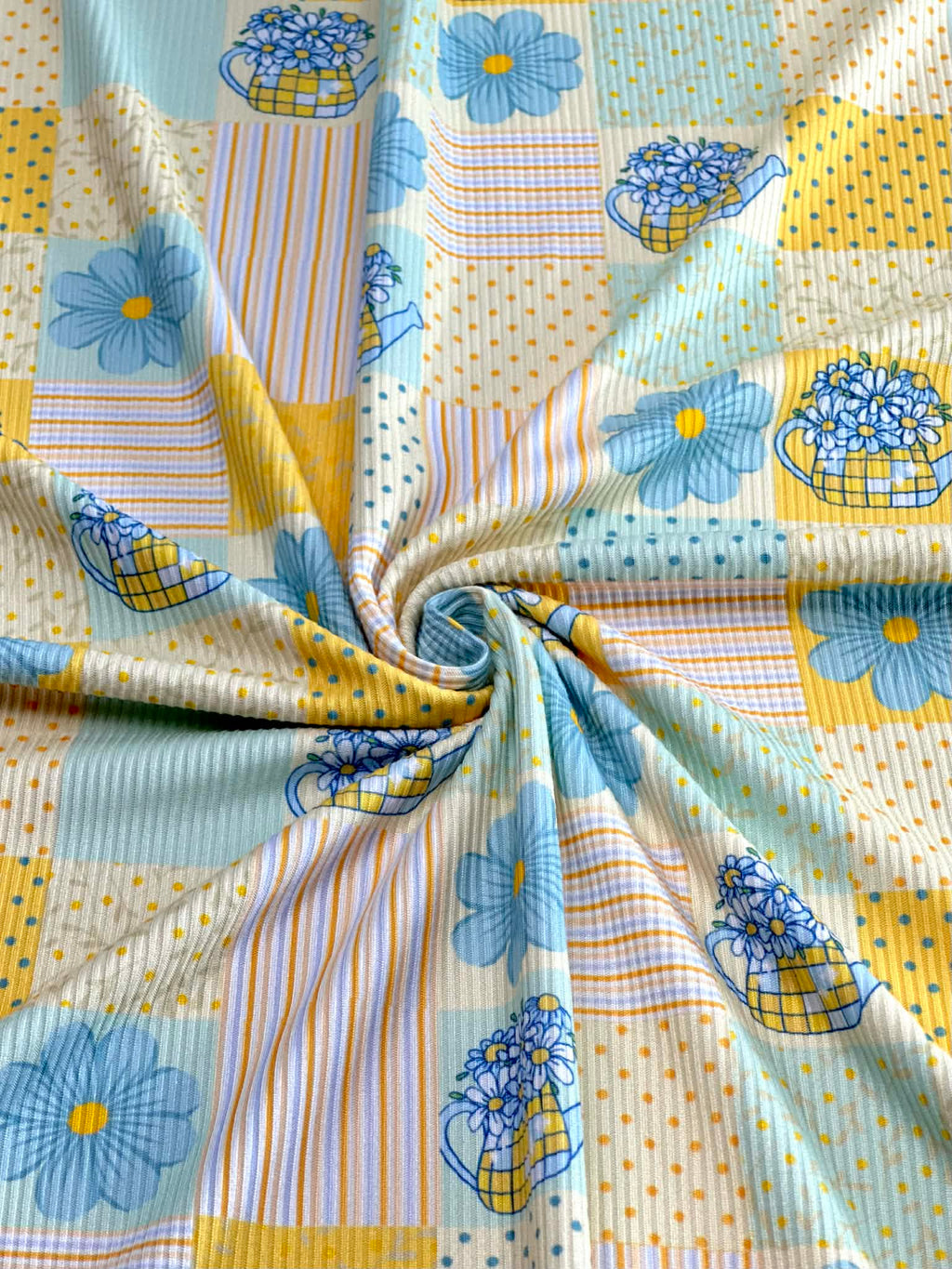 (2X2 RIB) BLUE AND YELLOW FLOWERS, POLKA DOTS AND STRIPES PATTERN