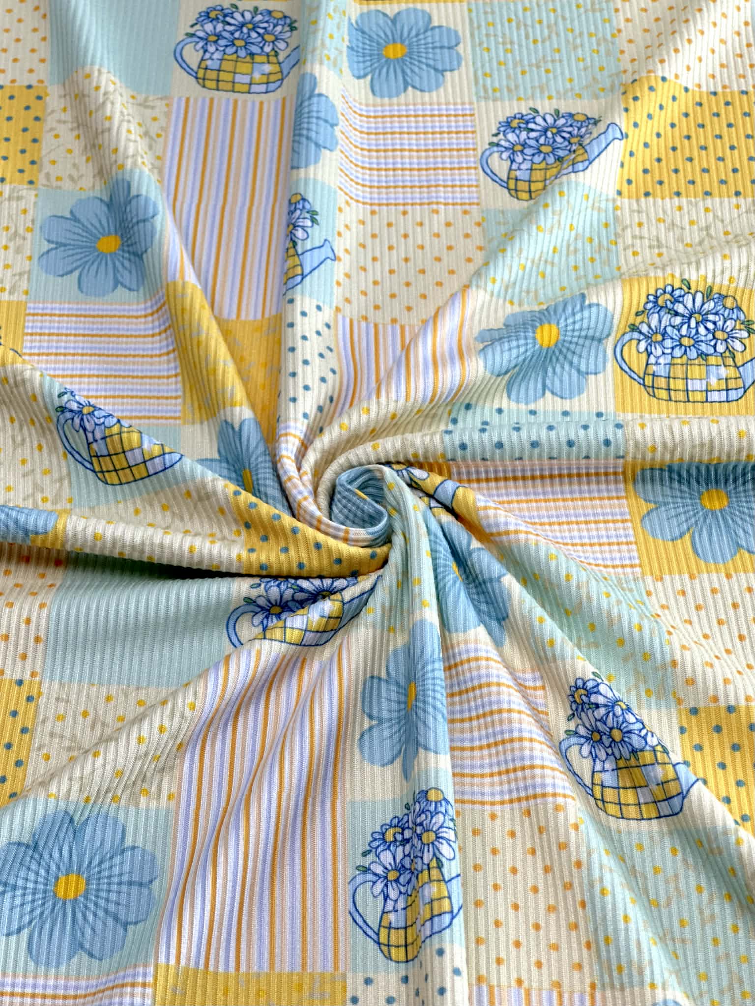 (2X2 RIB) BLUE AND YELLOW FLOWERS, POLKA DOTS AND STRIPES PATTERN