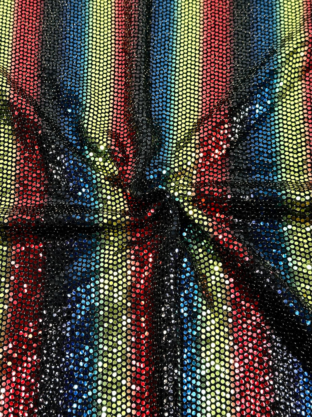 (SEQUIN KNIT) RED, BLACK, BLUE, AND GOLD FAUX DOTS ON BLACK