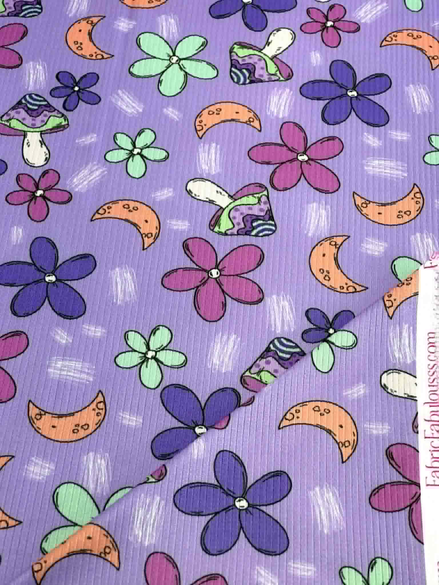 (4X2 YUMMY RIB) MUSHROOMS AND FLOWERS ON  PURPLE