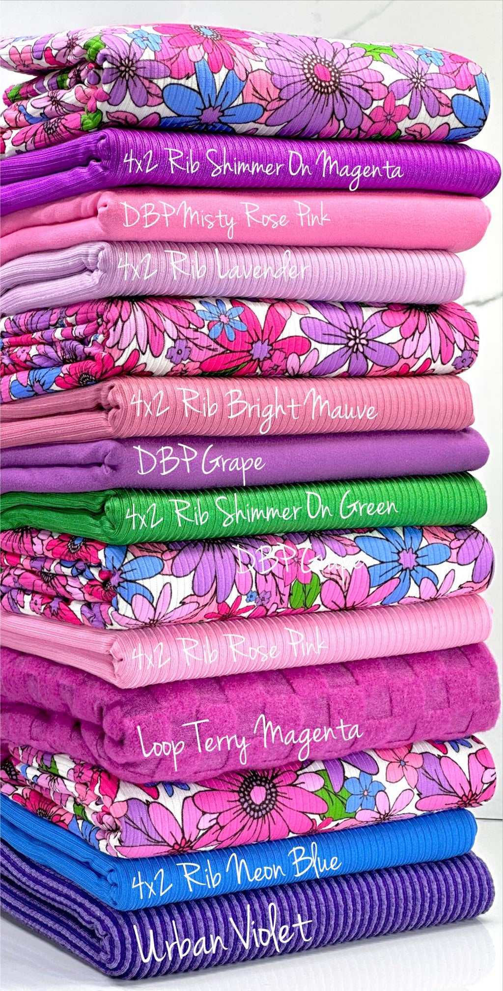 (YUMMY RIB) MAGENTA, PURPLE, FUCHSIA AND BLUE FLOWERS ON WHITE(2)