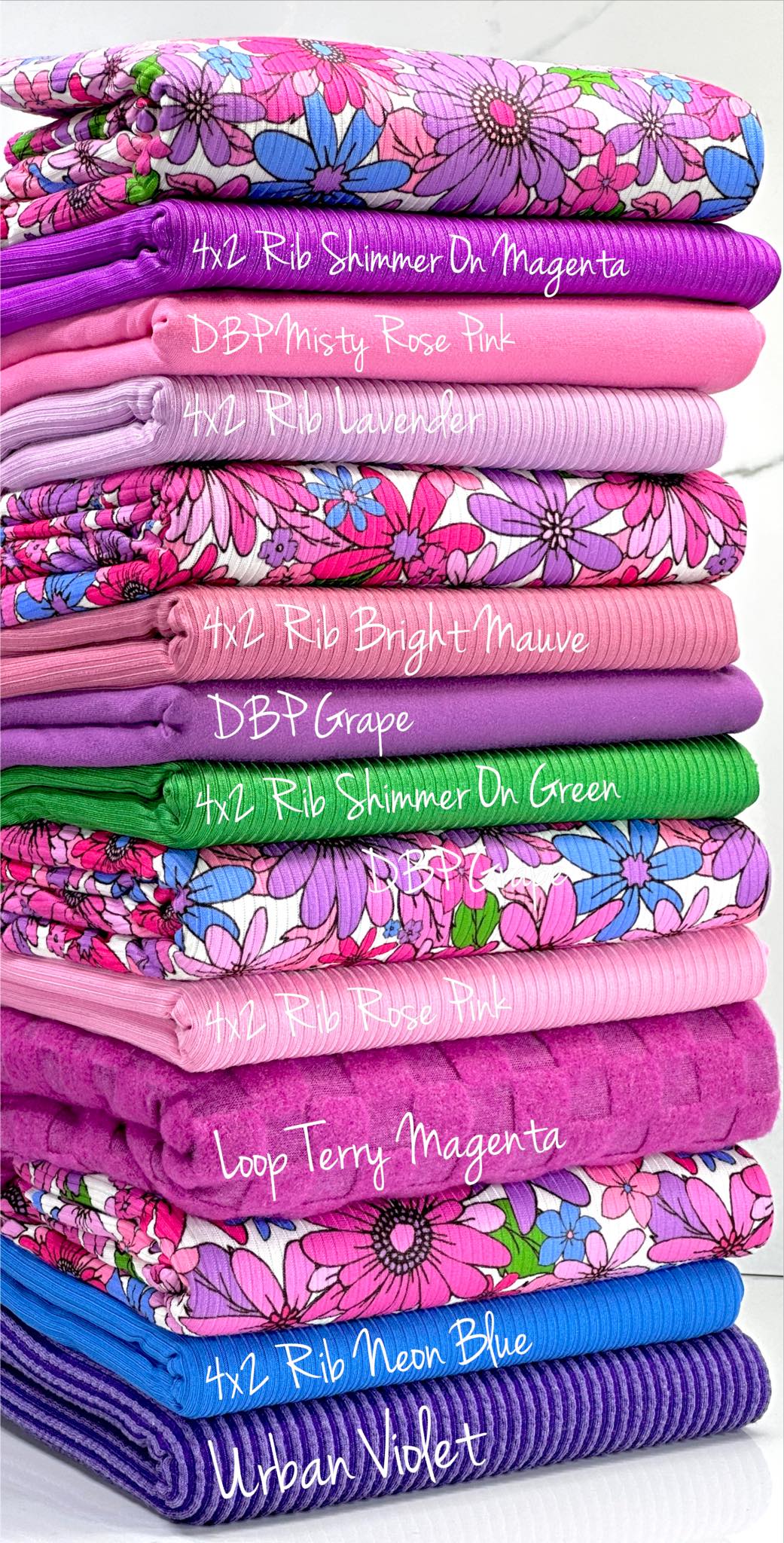 (YUMMY RIB) MAGENTA, PURPLE, FUCHSIA AND BLUE FLOWERS ON WHITE(2)
