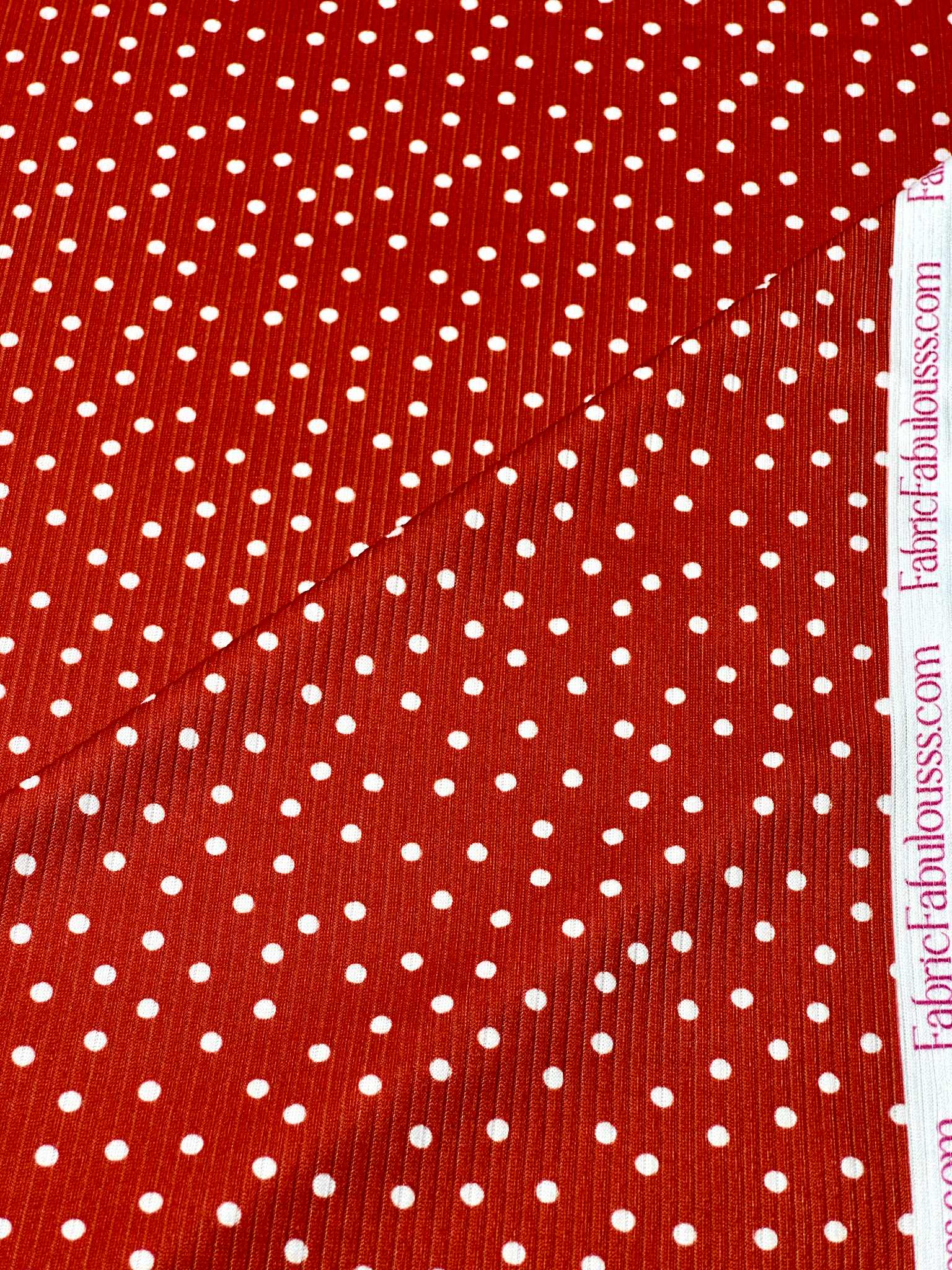 (4X2 RIB) TINY OFF WHITE POLKA DOTS ON RED