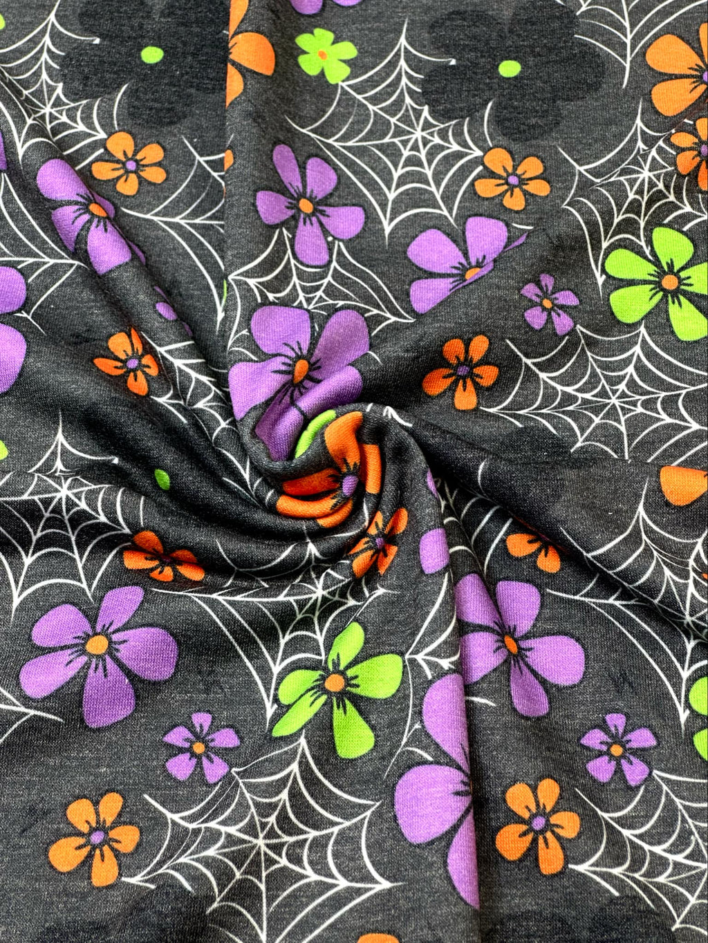 (FRENCH TERRY) SMALL COLORFUL FLOWERS & SPIDERWEBS ON CHARCOAL