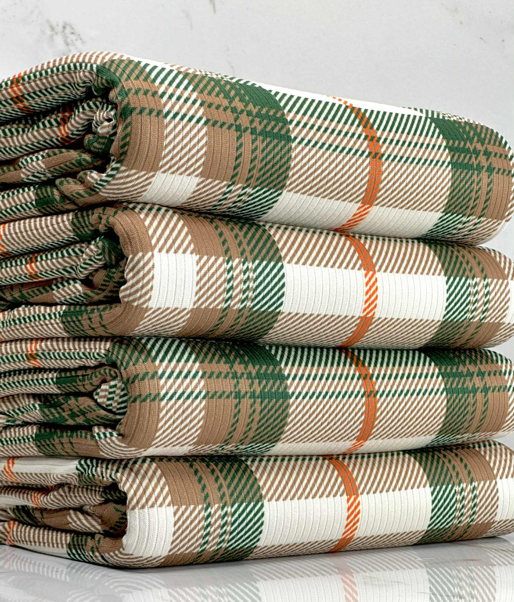 (4X2 RIB) EMERALD, ORANGE, TAN AND OFF WHITE PLAID