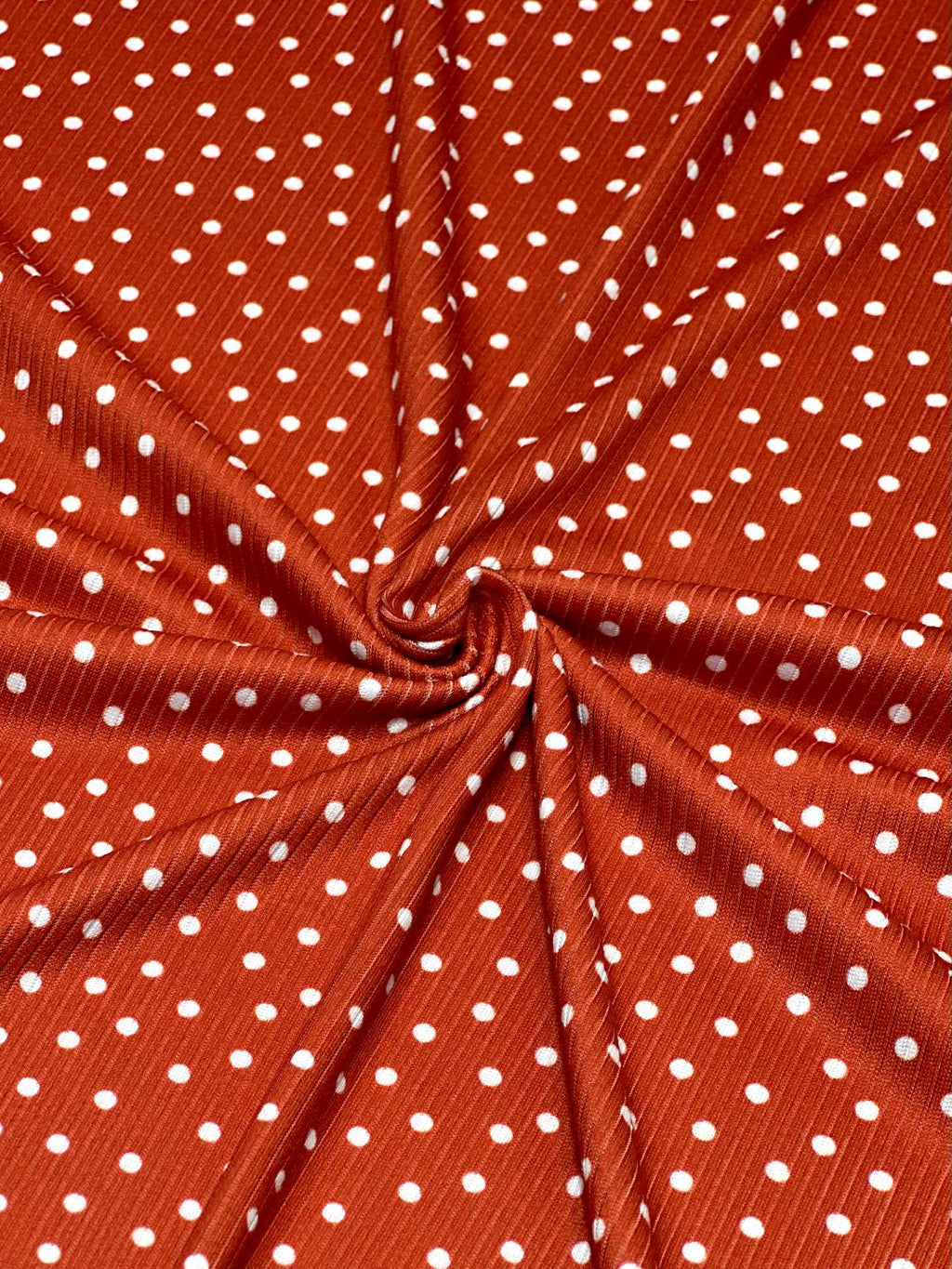 (4X2 RIB) TINY OFF WHITE POLKA DOTS ON RED