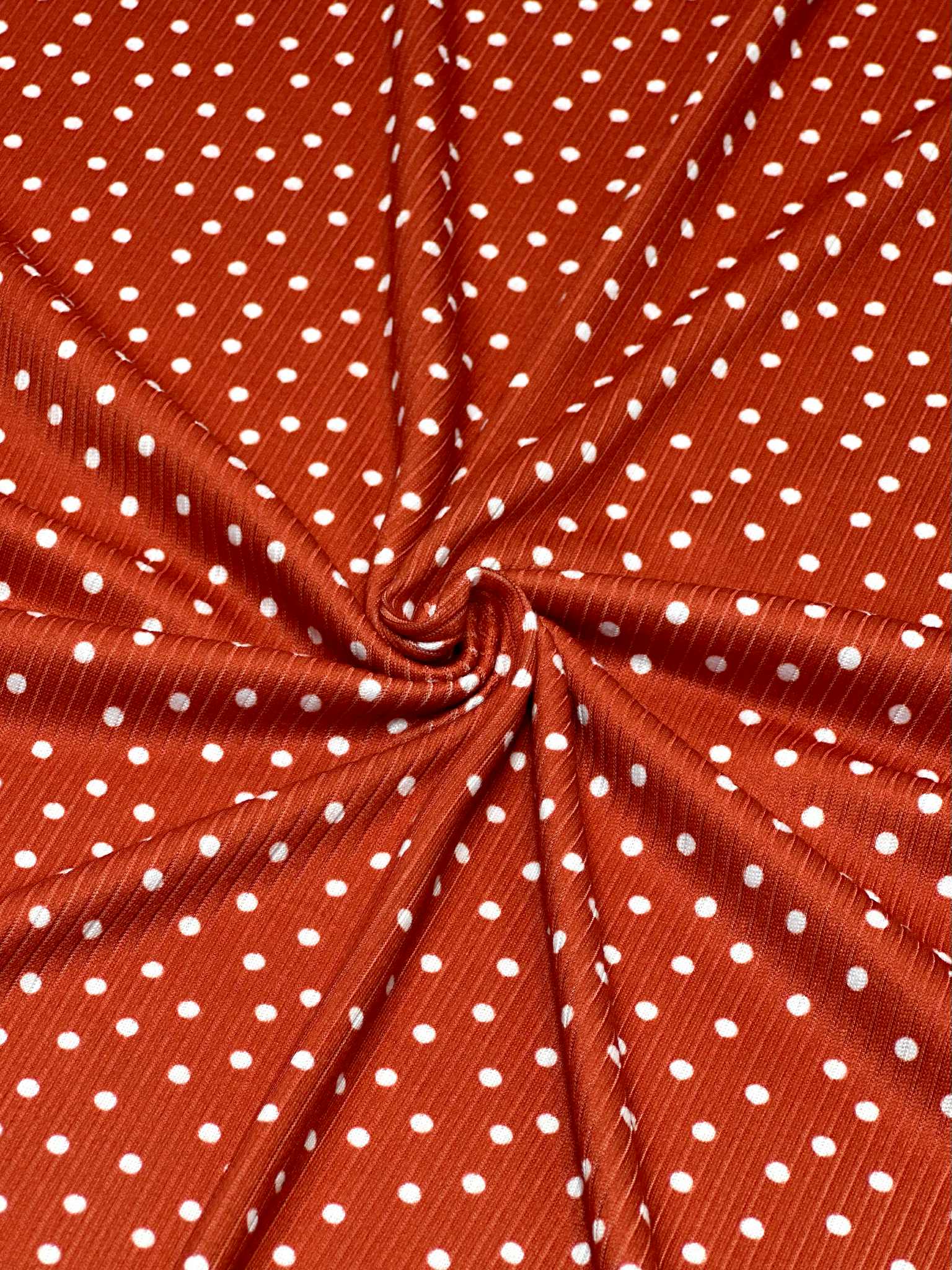 (4X2 RIB) TINY OFF WHITE POLKA DOTS ON RED