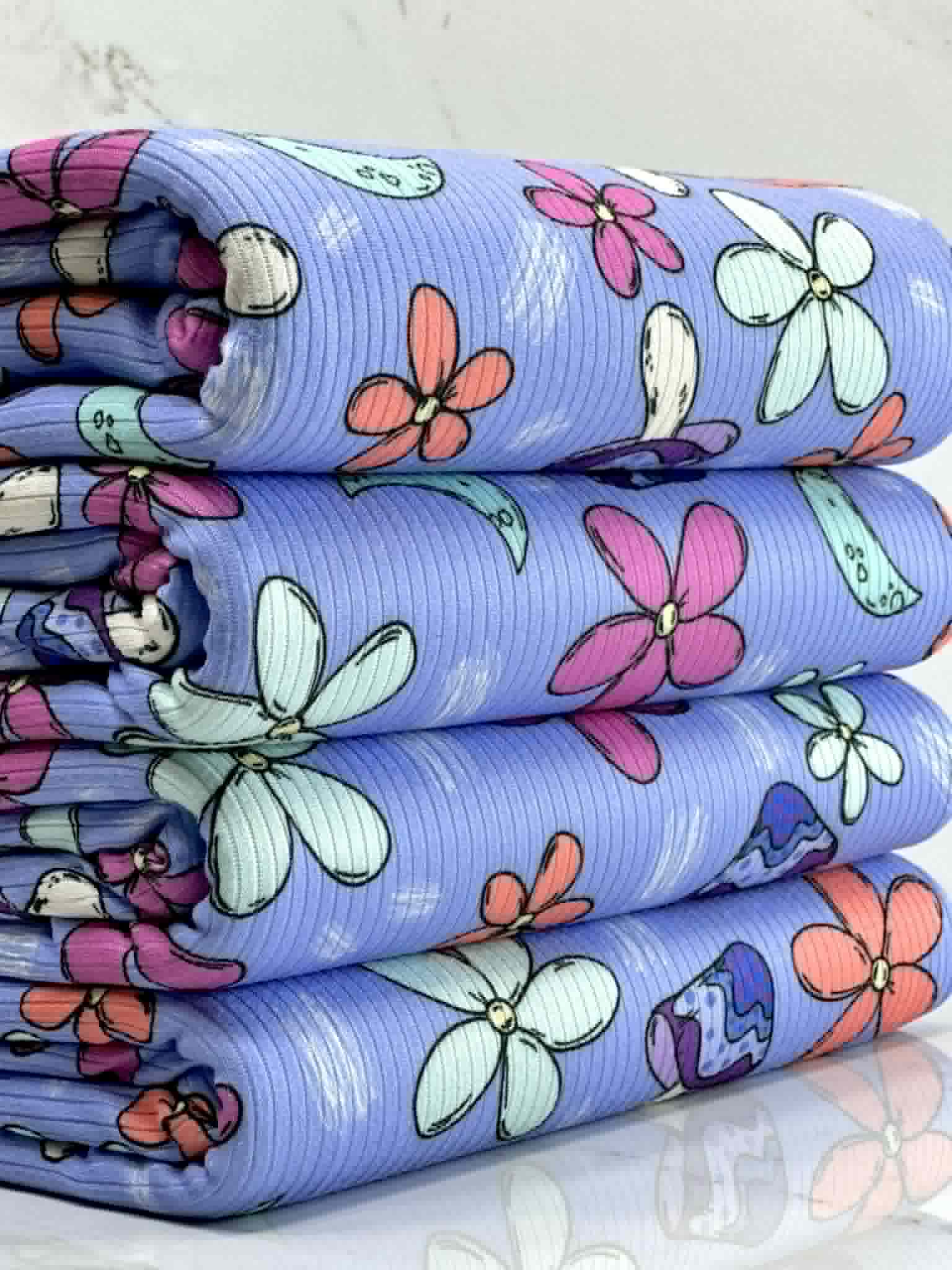 (4X2 YUMMY RIB) MUSHROOMS AND FLOWERS ON BLUE