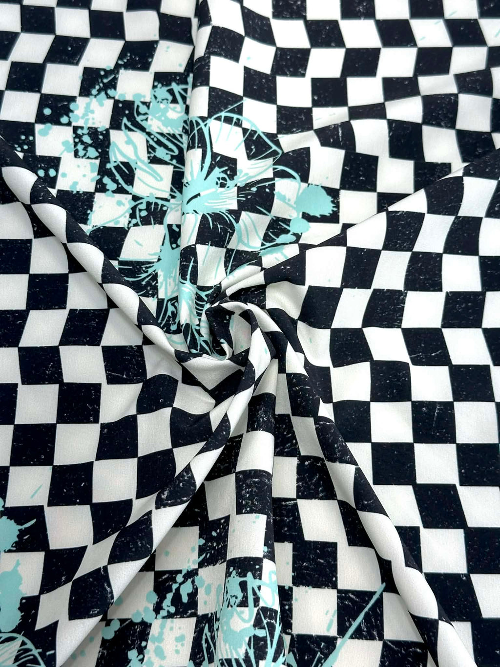 (SWIM) AQUA FLORAL ON BLACK AND VINTAGE IVORY CHECKERED