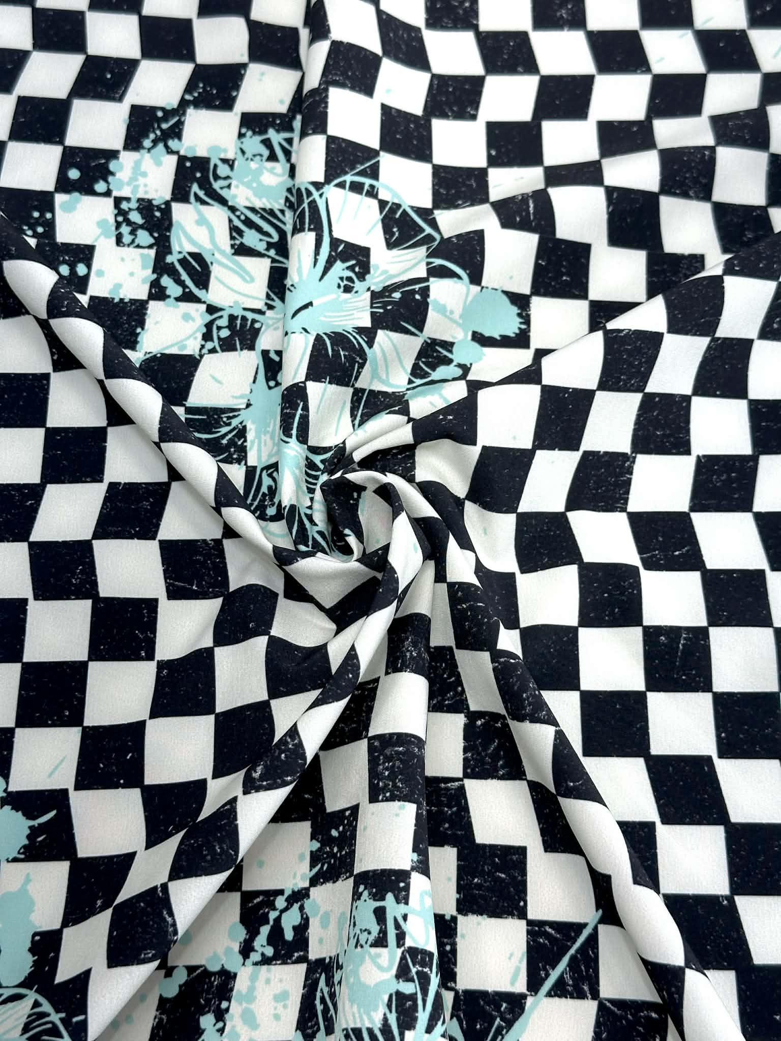 (SWIM) AQUA FLORAL ON BLACK AND VINTAGE IVORY CHECKERED