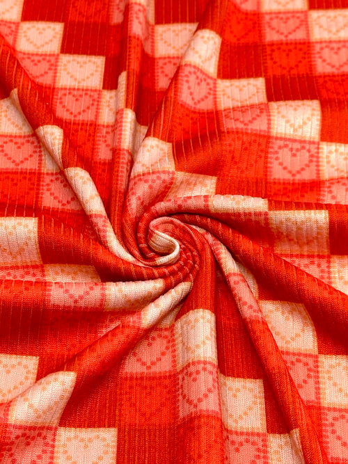 (4X2 YUMMY RIB) PINK AND RED HEARTS ON CHECKERED PATTERN