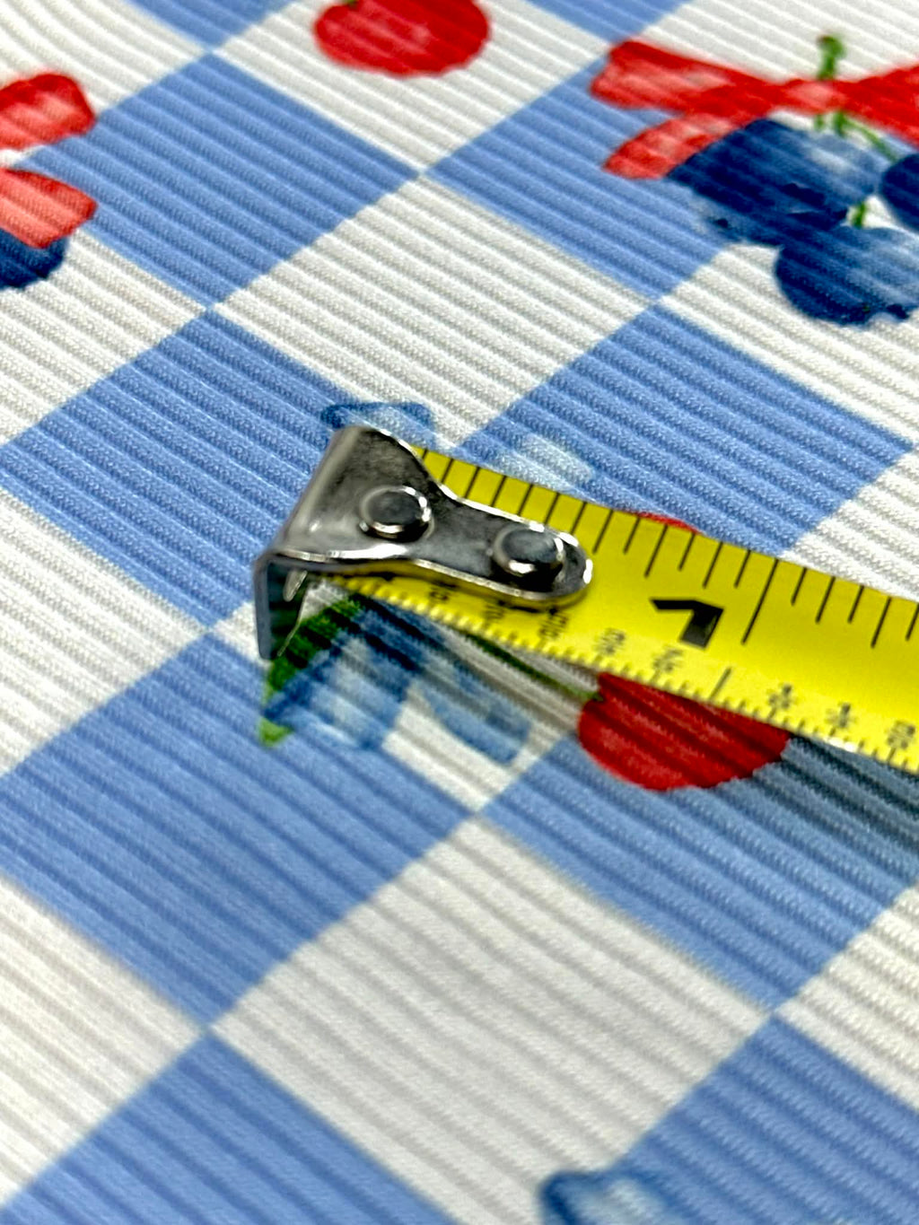 (2X2 YUMMY RIB) CHERRIES AND BLUEBERRIES WITH BOWS ON BLUE AND OFF WHITE CHECKERED